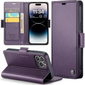 Maa-Coque Pour Iphone 14 Pro, Étui Housse En Rfid Protection Premium Pu Cuir Portefeuille Rabat Case Magnétique Stand Antichoc, Étui Case Pour Iphone 14 Pro, Violet - Neuf