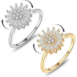 Yemaesre-2 Pièces Bague Anxiété Rotative, Anneau De Zircon De Tournesol, Anxiety Ring Femmes, Bague Rotative Réglable, Anneaux Spinner Pour Femmes, Cadeaux Pour Femmes Hommes (Or Argent) - Neuf