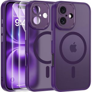 Coque Iphone 16 (6,1"") Compatible Magsafe - Magnétique Ultra-Fine Violet Foncé, Dos Translucide Mat, Protection Caméra Renforcée Antichoc + 2 Protecteurs Écran Verre Trempé - Neuf