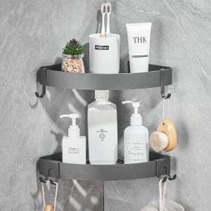 TIANYI-Etagere Douche sans Percage Rangement Salle de Bain &Eacute;tag&egrave;re d'angle Douche Support Salle de Bain avec 4 Crochets, Raumfahrt-Aluminium Gris 2 unit&eacute; - Neuf
