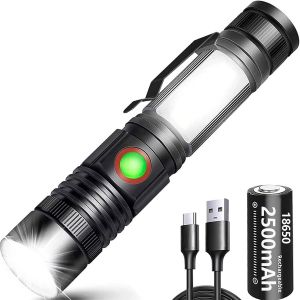 Torch Flashlight, 2000 Lumens Led Usb Rechargeable Powerful Cob Portable Zoomable Torch For Car Garage Workshop Camping Diy (Rechargeable Battery Included & Magnetic Bottom) - Neuf