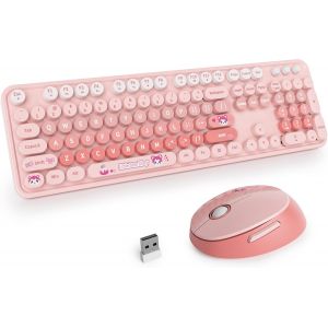 Ensemble Clavier et Souris sans Fil,104 Touches Clavier de Machine &agrave; &eacute;crire r&eacute;tro,2.4GHz Clavier de Machine &agrave; &eacute;crire &agrave; Touches Rondes avec Pav&eacute; Num&eacute;rique(Am&eacute;ricain QWERTY)(Diary Pink) - Neuf