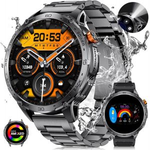 Chenquansarl-1.75"" Grand Écran Amoled Montre Connectée Homme Avec Led Lampe Torche, Extérieur Militär Smart Watch Pour Android Ios, 100+ Sportmodi, Ip68 Étanche, 200+ Cadrans, Bracelet En Métal Noir - Neuf