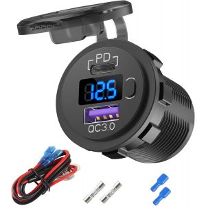 AYU-Chargeur de Voiture 12V USB C, 38W 12V USB Allume-Cigarette de Remplacement avec PD 3.0 et QC 3.0 Port U-S-B Voiture, Prise USB 12 Volt étanche avec Interrupteur et voltmètre pour Voiture Marine - Neuf