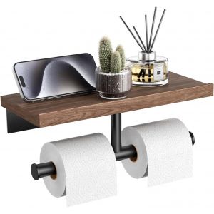 KALANKA-Porte Papier Toilette Mural avec étagère Tablette,Porte Rouleau de Papier WC Mural en Bois,Porte Rouleau de Papier Toilette de Salle de Bain en Acier Inoxydable Noir Mat (Noyer) - Neuf