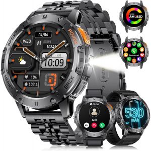 Montre Connectée Homme (3 Bracelets) - Appel Bluetooth/Led Lampe, Écran Amoled 1,43"", Étanché Ip68, 110+ Modes Sportifs, D'Extérieur Montre Connectée Pour Ios Et Android, Cuir Noir - Neuf