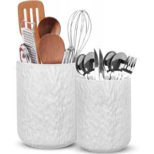 Lot De 2 Porte-Ustensiles De Cuisine En C&eacute;ramique Pour Le Comptoir De Cuisine,Rangement Des Ustensiles De Cuisine,Pour Spatule,Cuill&egrave;res,Fourchettes,Plantes (Rayures Blanches) - Neuf