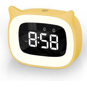R&eacute;veil Enfant, R&eacute;veil Enfant Educatif, Veilleuses Chat Mignon, Lampe Chevet Fonction Snooze, Affichage Automatique Temps, 5 Couleurs,18 Type de Musique Cadeau d'anniversaire (Jaune) - Neuf