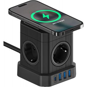 VOOMY Cube Multiprise USB avec Chargeur sans Fil 15W Universel avec 4 Prises 3 USB-A 1 Type C - Multiprises Parasurtenseur avec Interrupteur la multiprise Tout-en-Un pour la Maison et Le Bureau Noir - Neuf