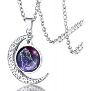 Kal-Collier Signe Astrologique Femme,Pendentif Demi Lune Style Zodiaque Or/Acier Inoxydable Avec Chaîne 50+5 Cm,Bijoux Horoscope Porte Bonheur Cadeau Anniversaire Pour Femmes Enfant Fille - Neuf