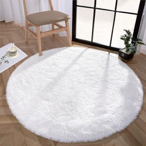Sjzg-Tapis Rond Moelleux Et Doux &Agrave; Poils Longs En Peluche Lavable Pour Chambre &Agrave; Coucher Chaise Universit&eacute; Dortoir D&eacute;coration D'int&eacute;rieur, 120 Cm Blanc - Neuf