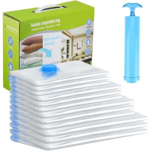 GUWH-Sac Sous Vide Vetement Aspirateur, 12 Pi&egrave;ces Sac Compression Voyage Avec Pompe, R&eacute;utilisables Housse Sous Vide Pour Vetement Couette (3 Jumbo, 3 Grands, 3 Moyens, 3 Petits) - Neuf