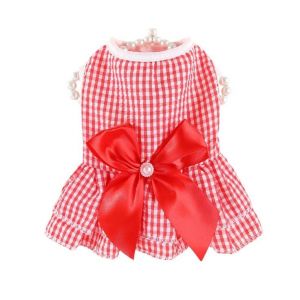 Robe Chic &Agrave; Carreaux Rouges Et Rayures Avec Noeud Papillon Pour Chien &iquest; Tenue D'&eacute;t&eacute; Confortable Et &Eacute;l&eacute;gante Pour Votre Chiot - Neuf
