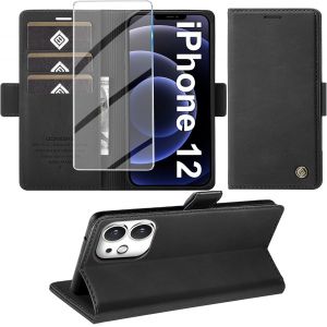 KALANKA-&Eacute;tui de protection pour iPhone 12/12 Pro - Avec film de protection d'&eacute;cran - Fonction support - Compartiment pour cartes - En cuir de qualit&eacute; sup&eacute;rieure - Pour iPhone 12/12 Pro 5G 6,1"" - - Neuf