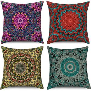 Cauc-Housse De Coussin Boho 45x45 Set De 4, Rétro Floral Mandala Compas Médaillon Décoratif Taie D'oreiller Bohème Hippie Coloré Housse De Coussin En Lin Pour Canapé Lit Jardin Extérieur Home Decor - Neuf