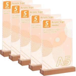 Mevronisshop-5 Pi&egrave;ces Presentoir A5 Acrylique Avec Base En Bois, Porte Menu A5 T-Standard, Pr&eacute;sentoirs De Table A5,Pr&eacute;sentoir De Table En Acrylique A5, Porte Menu Transparente Acrylique Pour Menu Mar - Neuf