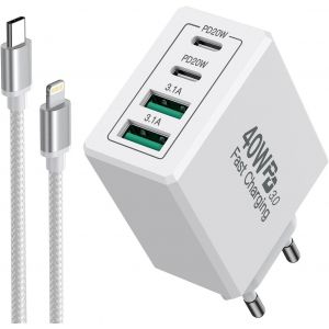 Type-C Usb C Chargeur,40w 4-Port Multiple Charge Pd Et Qc3.0 Type C Adaptateur Rapide Pour Iphone 15 Pro Max/13/14/12/11,Samsung Galaxy S24/S23/S22/S21/A15,Ipad,Airpods,Avec 2m Câble Usb C - Neuf