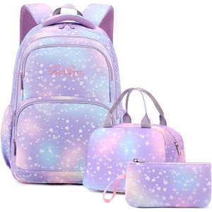 Cartable Fille Primaire, 3 Pièces Sac À Dos College Fille Avec Trousse Et Sac Isotherme, Sac A Dos Enfant Pour Scolaire Primaire, 22 Litres Cartable Ecole Pour Fille 7-14 Ans, Violet - Neuf