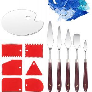 KALANKA-12 Pi&egrave;ces Ensemble de Couteaux &agrave; Peinture, 5 Couteaux &agrave; Peindre en Acier Inoxydable&iquest;6 Plastique Couteaux Grattoirs&iquest;1 Palette, Spatule Peinture Acrylique pour Peinture &agrave; L'huile, Aquarelle - Neuf