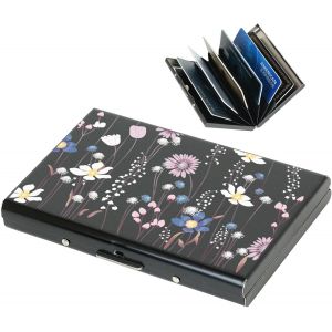 KALANKA-® Porte Carte de Crédit en Métal avec Blocage RFID, Portefeuille Ultra Fin avec 6 Emplacements pour Cartes, Porte Carte de Crédit pour Hommes et Femmes. (6 Cartes/Noir/Fleur) - Neuf