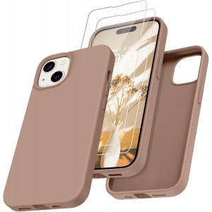 Ayu-Coque De Téléphone Silicone Iphone 15 Avec 2 Verre Trempé, Liquide Case Antichoc Double En Microfibre, Coque Avec Protection Écran Iphone 15, Brune - Marron - Neuf