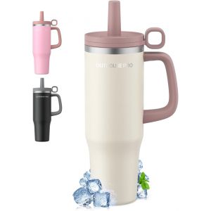 Mevronisshop-Mug Isotherme Avec Paille Et Poignée 1200ml, Thermos Isotherme En Acier Inoxydable Avec Couvercle Étanche, Mug De Voiture, Tasse Isotherme Café Pour Boissons Chaudes Ou Glacées, Gris Cla - Neuf