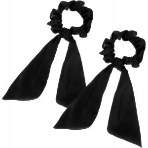 Lot De 2 Chouchous &Agrave; Cheveux Avec Noeud - En Satin &Eacute;lastique - Noir - Pour Queue De Cheval - Pour Filles Et Femmes - Neuf