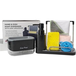 KAL-- Distributeur Liquide Vaisselle Noir Avec Éponge En Fibre De Bambou Et Chiffons En Microfibre - Organisateur D'Évier Avec Plateau Et Support Pour Éponge - Neuf