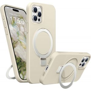 Maa-Coque Silicone Liquide Pour Iphone 15 Pro Max, Anneau De Support Magnétique, Étui De Protection Antichoc 4 Couches, Doublure En Microfibre Souple Antirayures Pour Iphone 15 Pro Max (Blanc) - Neuf