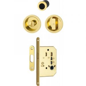 Serrure à condamnation rosace ronde pour porte coulissante intérieure avec man¿uvres aluminium aspect laiton poli - Neuf