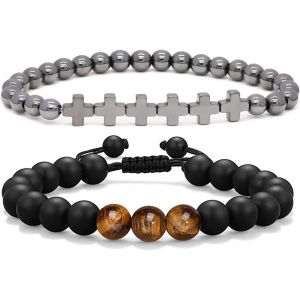 Eryi-Bracelet En Forme De Croix Pour Homme - ?il De Tigre - Bracelet De Perles En Pierre Naturelle - Bracelets Chrétiens - Cadeau D'anniversaire Pour Papa, Fils, Frère, Ami, Enseignant - Neuf