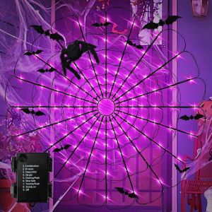 Jgd-Guirlande Lumineuse Halloween -Avec 3 Araign&eacute;es 12 Pcs Chauve Souris D&eacute;coration,80 Led 8 Modes Etanche Guirlandes Lumineuses 1,3 M De Diam&egrave;tre D&eacute;coration Ext&eacute;rieur Pour Les F&ecirc;tes De Maison Hant&eacute;e - Neuf