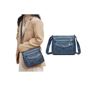 Sac bandouli&egrave;re en similicuir pour femme avec plusieurs poches - Bleu - Neuf