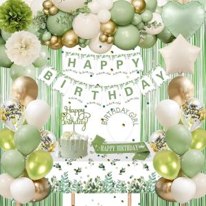 LETNERNY-Decoration Anniversaire, Anniversaire Décorations Beige Vert Or Ballons Kit Banderole Joyeux Anniversaire Pom Poms Confetti Echarpe Couronne Deco Rideau Nappe Couronne Anniversaire Pour Fill - Neuf