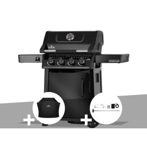 Barbecue gaz Freestyle 425 noir 4 br&ucirc;leurs avec porte et br&ucirc;leurs inox + Housse de protection + R&ocirc;tissoire - Napol&eacute;on - Neuf
