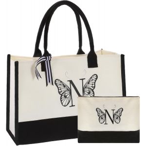 Sjzg-Sourcing Map Initial Canvas Tote Bag With Makeup Bag, Reusable Beach Tote Bag Personalized Gifts For Women Shopping Mom Gift - Neuf