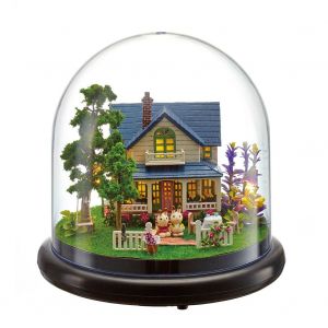 HJLIAN Maison de poupee miniature a monter soi-meme, boite a musique, avec couvercle transparent et lumiere LED (Manoir) - Neuf