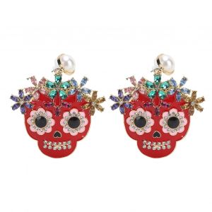 Boucles D'oreilles Tete De Mort En Alliage Avec Strass, Style Exagere, Pour Femme, Ideales Pour Une Tenue Quotidienne, Une Fete Ou Une Decoration, Rouge - Neuf