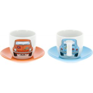 Eryi-Vw Collection - Volkswagen Ensemble Tasse À Espresso, Café, Thé Et Cappuccino (Coccinelle Avant/Orange & Bleu/2 Tasses) - Neuf