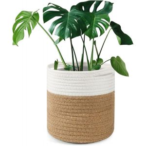 (20cm X 20cm) (Jaune Et Blanc) Pot De Fleur Avec Doublure, Coton Tissé Panier De Stockage, Plante D'intérieur En Pot, Décoration De La Maison - Neuf