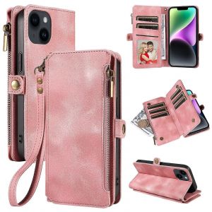 Pour iPhone14ProMax &eacute;tui de t&eacute;l&eacute;phone portable Apple 15 t&eacute;l&eacute;phone portable &eacute;tui en cuir S24 portefeuille &agrave; fermeture &eacute;clair rabattable iPhone14 rose - Neuf