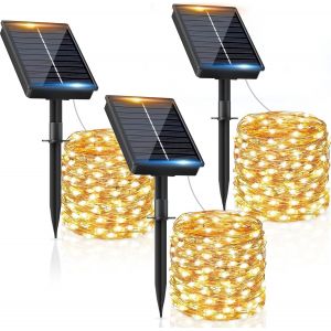 Aiou-Guirlande Solaire Exterieur 12m 120led ¿Lot De 3¿ Guirlande Lumineuse Exterieure Solaire Étanche Blanc Chaud 8 Modes Lumière Solaire Décoration Pour Jardin Terrasse Maison Fête Noël Mariage - Neuf