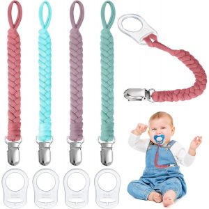 Attache Sucette B&eacute;b&eacute;,Lot De 4 Attaches-T&eacute;tines Avec Sangles En Coton Et 4 Adaptateurs Pour Sucettes,Adaptateur De Clip De Support De Sucette Pour B&eacute;b&eacute;,Adaptateur D'anneau En Silicone.[H50] - Neuf