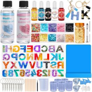 Kit de r&eacute;sine pour d&eacute;butants avec moules de l'alphabet, r&eacute;sine, pigments, fleurs s&eacute;ch&eacute;es, grosses paillettes, perceuse manuelle et accessoires pour la fabrication de porte-cl&eacute;s en r&eacute;sine - Neuf
