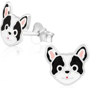 Kal-Boucles D'oreilles Pour Fille - Motif Chien Bouledogue - Carlin Blanc - Noir - 9 Mm - Argent Sterling 925 - Neuf