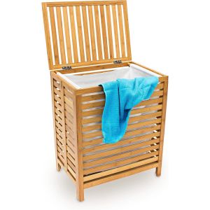 Panier à linge, corbeille en bambou, coffre bois avec couvercle, HxLxP: 60 x 50,5 x 35,5 cm, nature - Neuf