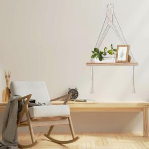 Set De 2 Étagère Suspendue En Bois Flottant Avec Corde - Étages Design Boho Pour Salon, Étagère Murale, Étagère Flottante Avec Corde En Pin Massif, Brun - Neuf