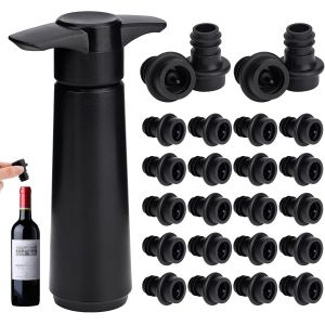 Mevronisshop-Pompe &Agrave; Vide Vin Avec 24 Bouchons, Bouchon Bouteille Vin R&eacute;utilisable Pour Conserver La Fra&icirc;cheur Du Vin, Accessoires Vin, Noir - Neuf