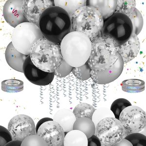 Ayuhr-60 Pièces Set Ballon Helium Anniversaire - Rouge Métallique, Transparent, Confetti Rouge Et Noir Avec Ruban Pour Deco Nouvel An, Shower, Fête, Mariage - Neuf