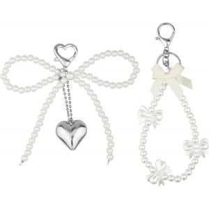 KAL-Lot De 2 Porte-Clés Avec Noud En Perles, 2 Styles De Breloques De Téléphone Avec Fermoir Breloques De Sacs En Perles Pour Femmes Clé De Voiture Téléphone Sacs À Dos Portefeuille - Neuf